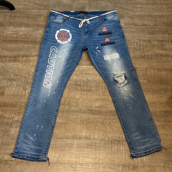 M society Mens Graphic Slim Jeans With Drawstring Waist Cord | 42x32 - Picture 12 of 12